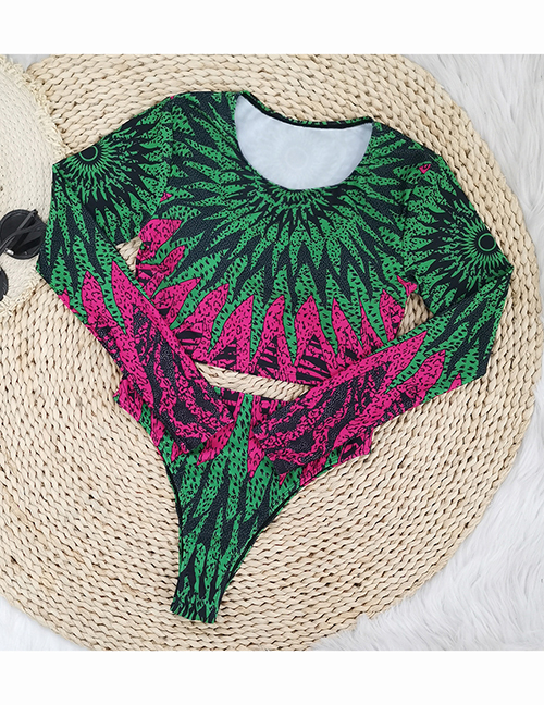 Fashion Pink Green Print Polyester Print Long Sleeve Split Swimsuit