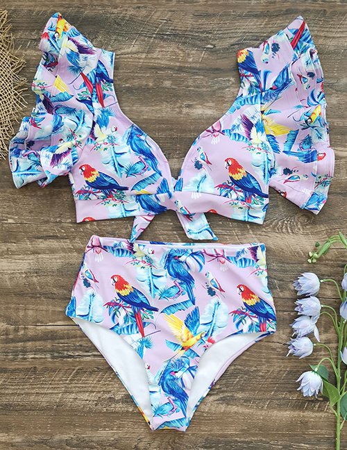 Fashion Purple Pink Parrot Polyester Print Ruffle Split Swimsuit