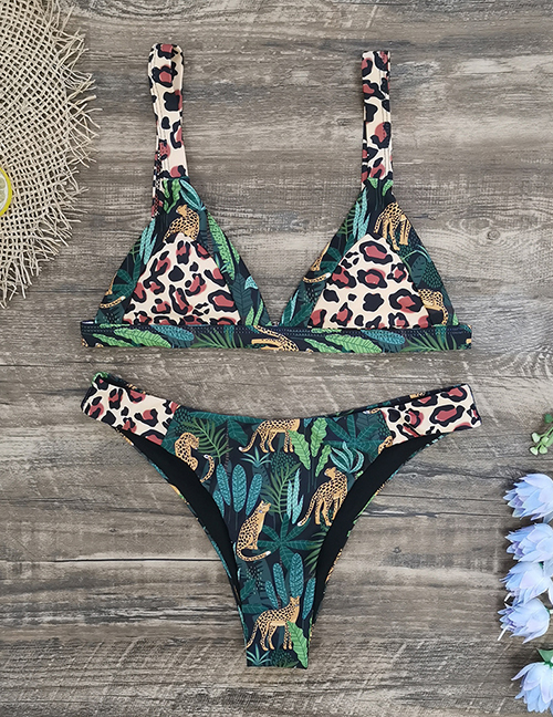 Fashion [single Bikini] Leopard Leopard Blue Leaf Polyester Printed Split Swimsuit