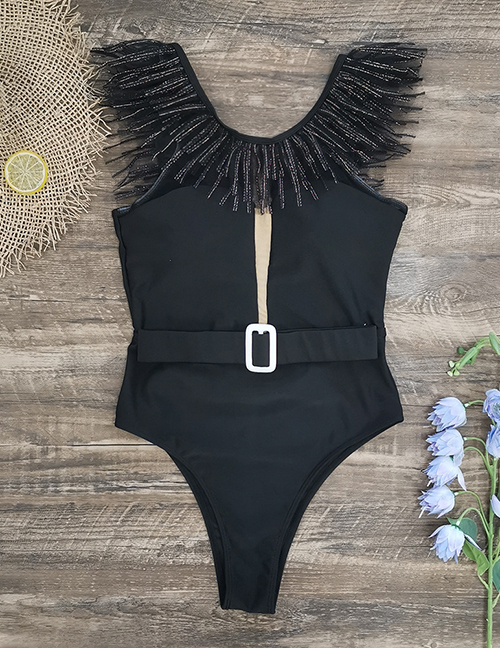Fashion Black Mesh-paneled Belted Swimsuit
