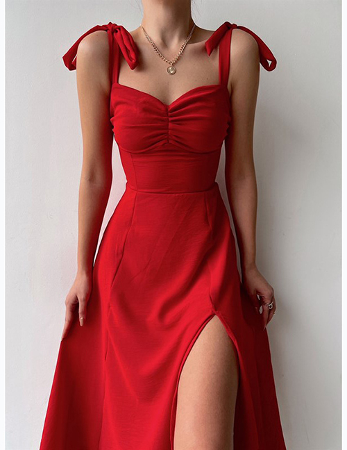 Fashion Red Solid Color Lace-up Slit Dress