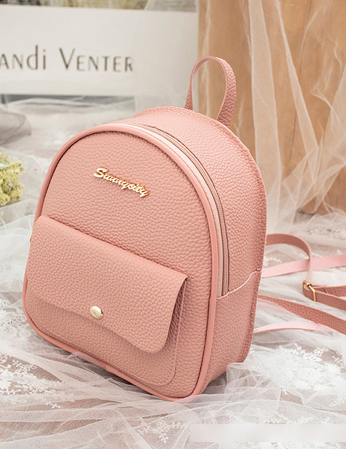 Fashion Pink Pu Geometric Letter Logo Large Capacity Backpack