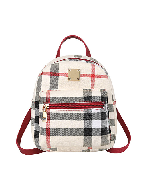 Fashion Red Wine Pu Check Large Capacity Backpack