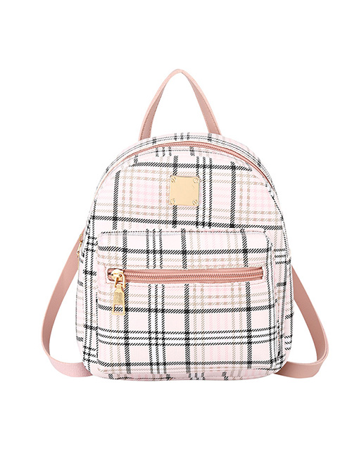 Fashion Pink Pu Check Large Capacity Backpack