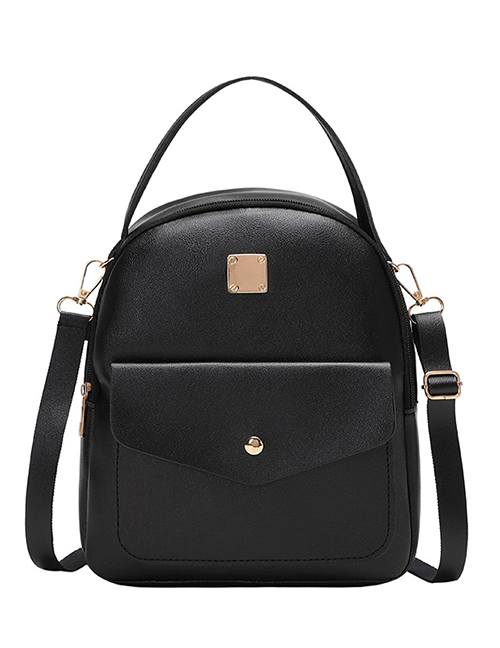 Fashion Black Plain Weave Pu Large Capacity Backpack