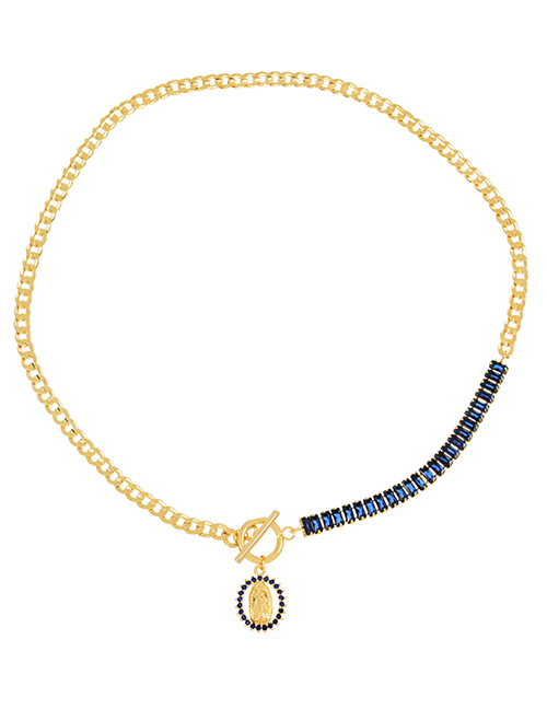 Fashion Navy Blue Chain Portrait Pendant Necklace With Brass And Zircon Panels