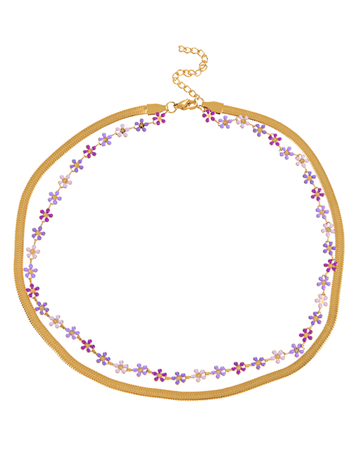Fashion Purple Titanium Steel Double Drop Glaze Flower Snake Pattern Chain Necklace