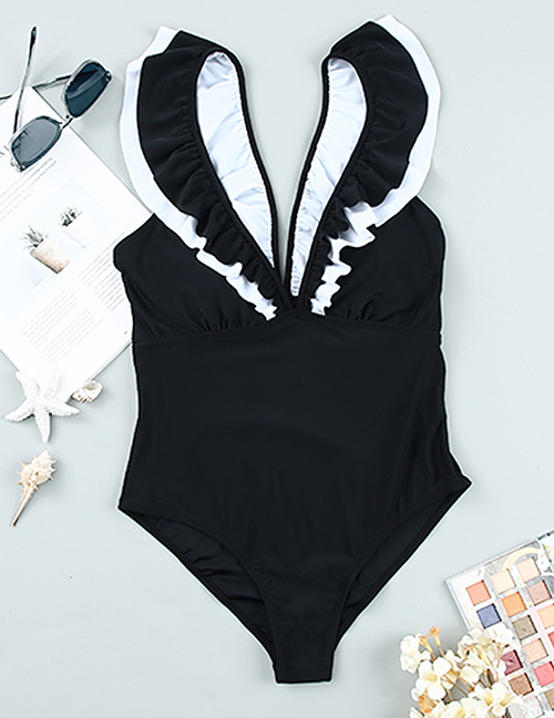 Fashion Black V-neck Ruffled One-piece Swimsuit