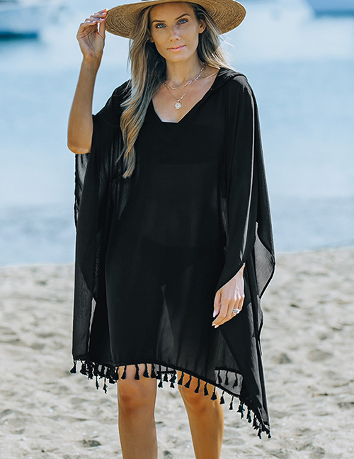 Fashion Black Tulle Solid Fringed Hoodie Skirt