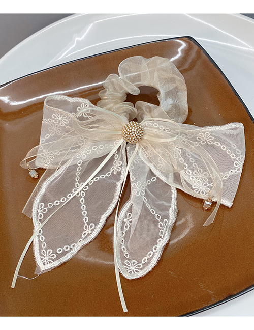 Fashion Beige Bow Lace Bow Crystal Floating Hair Ring