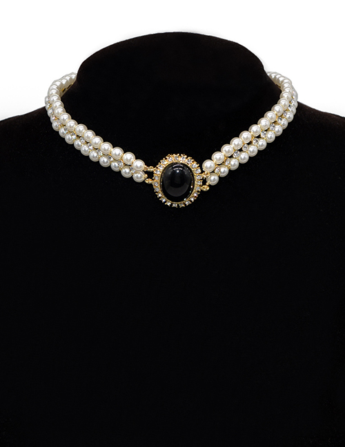 Fashion White Geometric Pearl Beaded Diamond Necklace