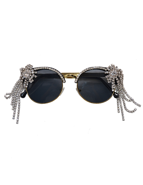 Fashion Black Resin Diamond Tassel Round Frame Sunglasses