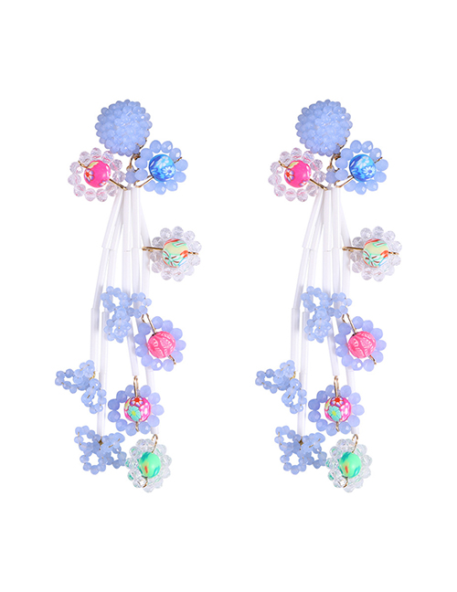 Fashion Blue Resin Geometric Beaded Crystal Flower Tassel Drop Earrings