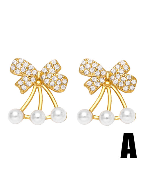 Fashion A Copper Diamond Bow Pearl Stud Earrings