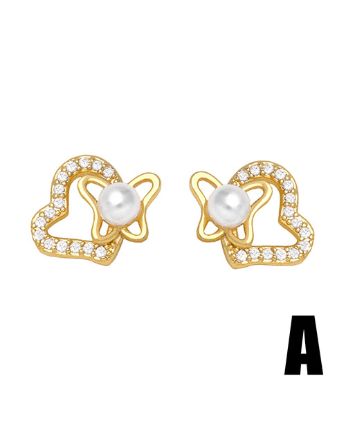 Fashion A Bronze Diamond Pearl Butterfly Heart Stud Earrings