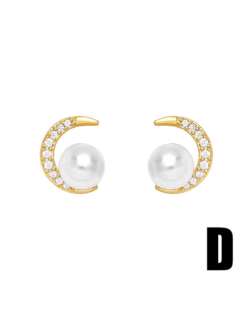 Fashion D Brass Diamond And Pearl Moon Stud Earrings