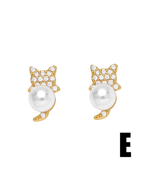 Fashion E Brass Diamond And Pearl Cat Stud Earrings