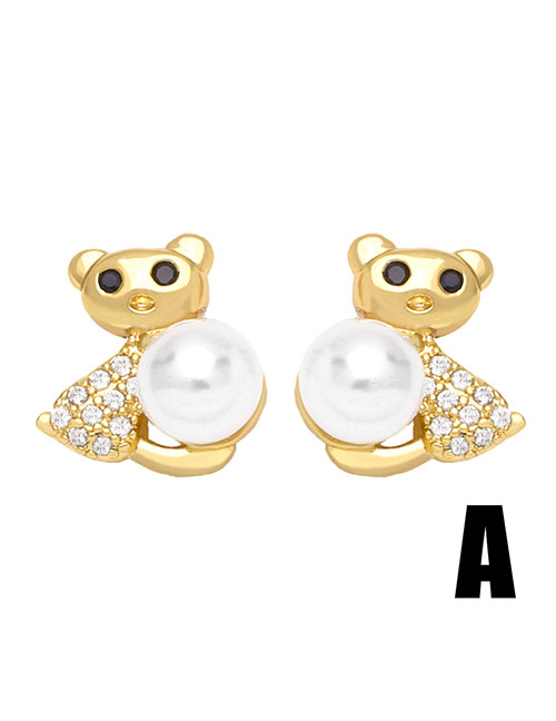 Fashion A Bronze Diamond And Pearl Bear Stud Earrings