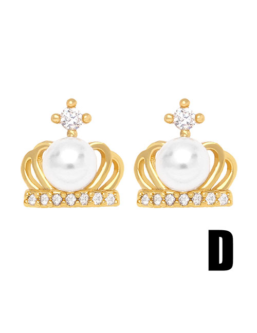 Fashion D Brass Diamond And Pearl Crown Stud Earrings