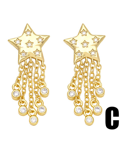 Fashion C Brass Diamond Tassel Pentagram Drop Earrings