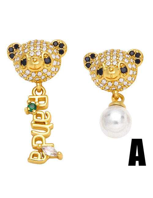 Fashion A Asymmetrical Bear Stud Earrings With Diamonds And Pearls In Copper