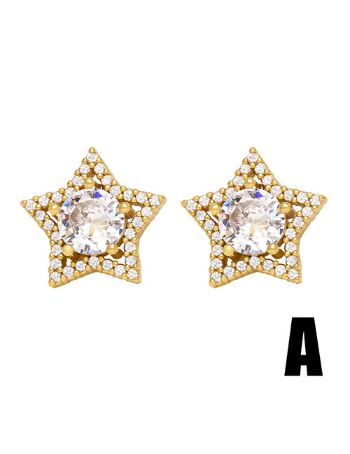 Fashion A Brass Diamond Pentagram Stud Earrings