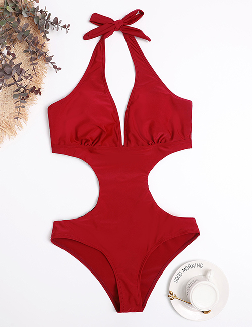 Fashion Red Polyester Halter Cutout One Piece Swimsuit