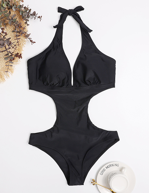 Fashion Black Polyester Halter Cutout One Piece Swimsuit