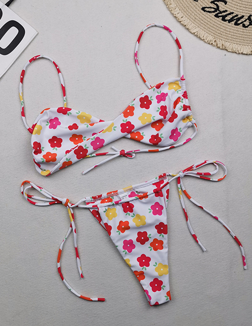 Fashion Colorful Flowers Polyester Twist-pack Drawstring Split Swimsuit