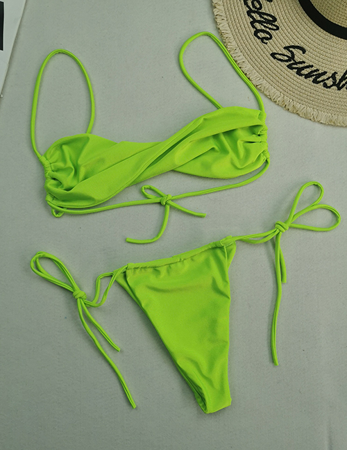 Fashion Bright Green Polyester Twist-pack Drawstring Split Swimsuit