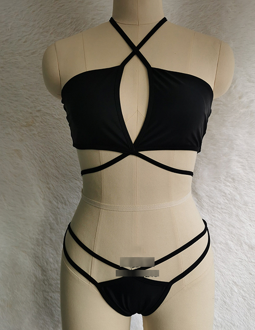 Fashion Black Polyester Cross Halter Cutout Split Swimsuit