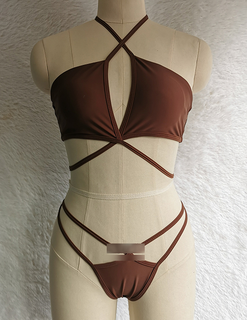 Fashion Brown Polyester Cross Halter Cutout Split Swimsuit