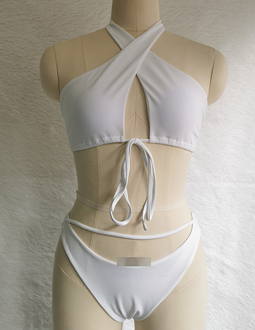 Fashion White Polyester Cross Halter Cutout Tie Swimsuit