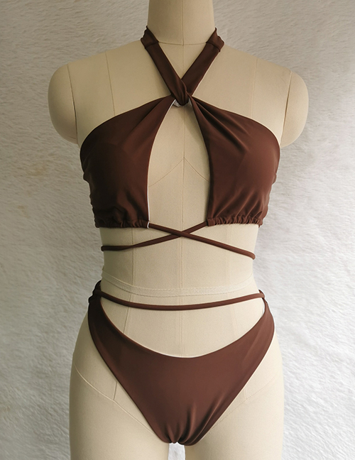 Fashion Brown Polyester Cross Halter Cutout Tie Swimsuit