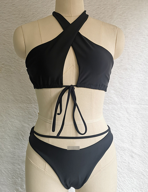 Fashion Black Polyester Cross Halter Cutout Tie Swimsuit