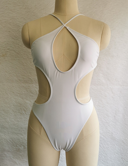 Fashion White Polyester Cross Halter Cutout One Piece Swimsuit