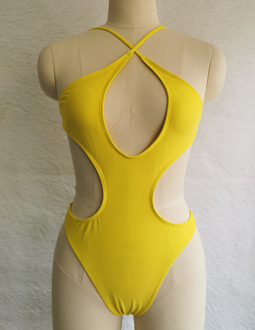Fashion Yellow Polyester Cross Halter Cutout One Piece Swimsuit