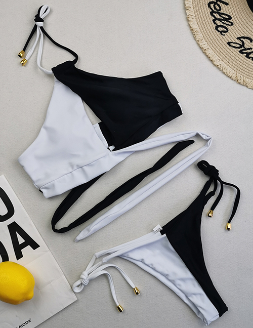 Fashion Black+white Color-block Halterneck Tie Swimsuit