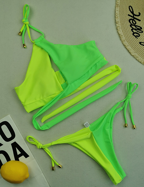 Fashion Green + Fluorescent Yellow Color-block Halterneck Tie Swimsuit
