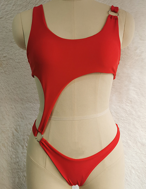 Fashion Red Solid Ring Cutout One-piece Swimsuit