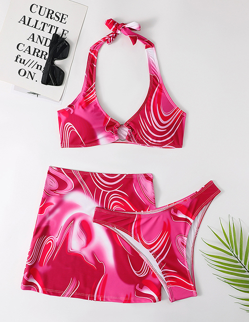Fashion 2# Polyester Print Halter Neck Tie Split Swimsuit Three Piece