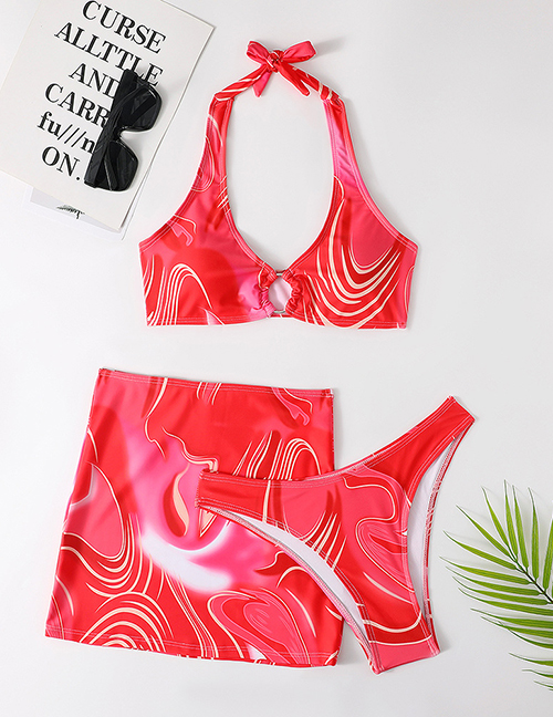 Fashion 3# Polyester Print Halter Neck Tie Split Swimsuit Three Piece