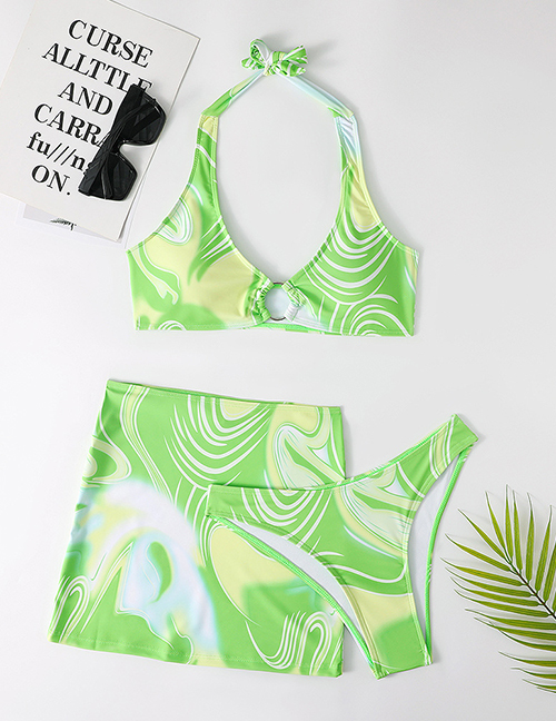 Fashion 4# Polyester Print Halter Neck Tie Split Swimsuit Three Piece