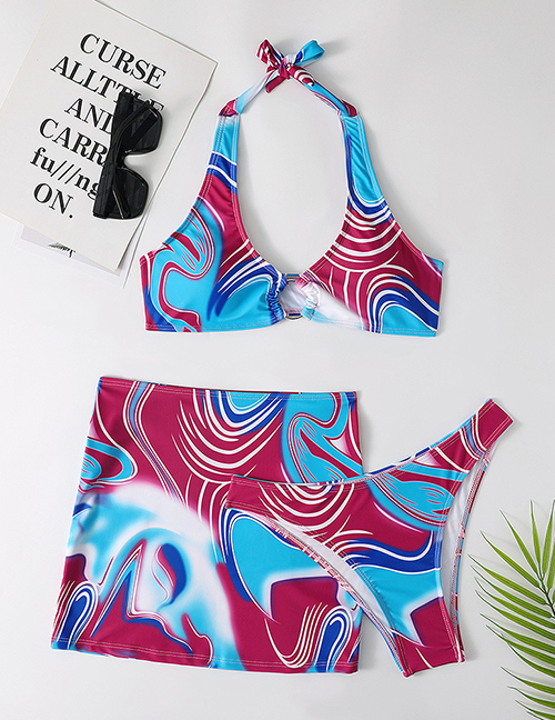 Fashion 5# Polyester Print Halter Neck Tie Split Swimsuit Three Piece