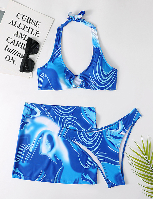 Fashion 7# Polyester Print Halter Neck Tie Split Swimsuit Three Piece