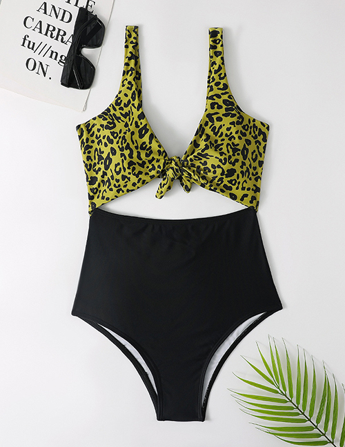Fashion Green Polyester Leopard Print Lace-up Cutout One-piece Swimsuit