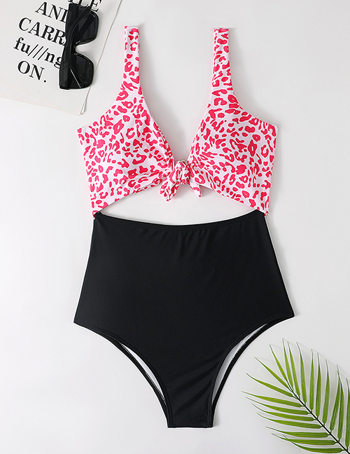 Fashion Pink Polyester Leopard Print Lace-up Cutout One-piece Swimsuit