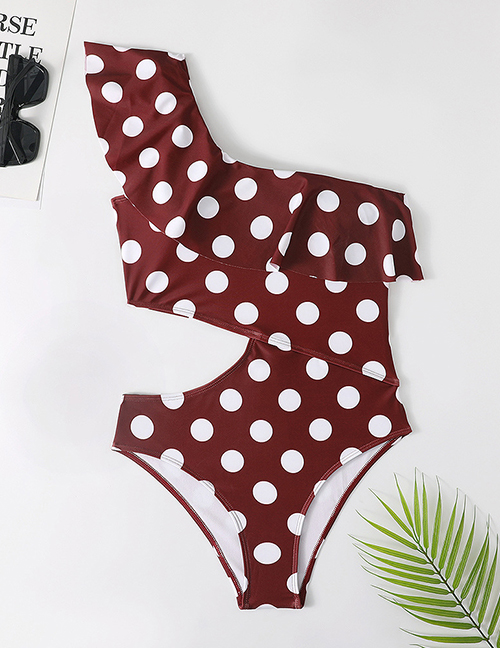 Fashion Wine Red One-shoulder Polka-dot Ruffle One-piece Swimsuit
