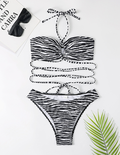 Fashion Black Polyester Print Halter Neck Tie One Piece Swimsuit