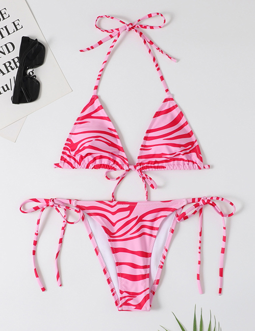 Fashion Rose Red Polyester Print Lace-up Swimsuit
